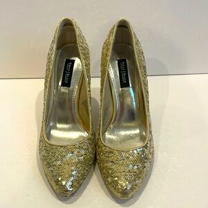 White House Black Market Gold Heels with Crystal Embellishments